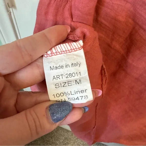 Blu Orchid Coral Pink Italian Linen Rosette Neck Sleeveless Mini Shirt Dress Med - Picture 6 of 13